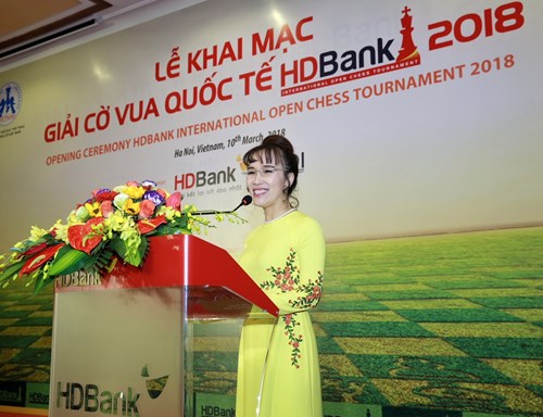 Bà Nguyễn Thị Phương Thảo, Phó chủ tịch Hội đồng Quản trị HDBank phát biểu khai mạc Giải Cờ vua quốc tế HDBank 2018.
