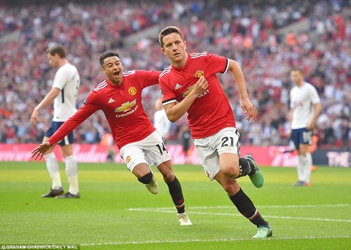 Herrera và Lingard ăn mừng bàn thắng ấn định tỷ số 2-1 cho Man Utd trước Tottenham. Ảnh: Dailymail