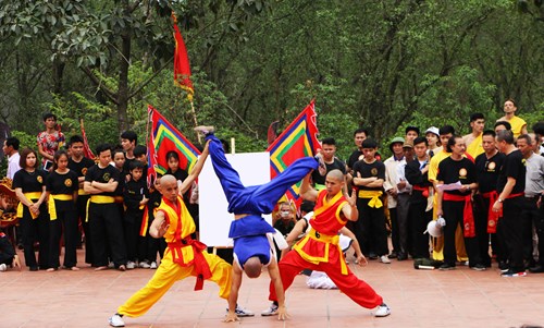 Biểu diễn lân sư rồng, võ thuật truyền thống tại lễ hội.