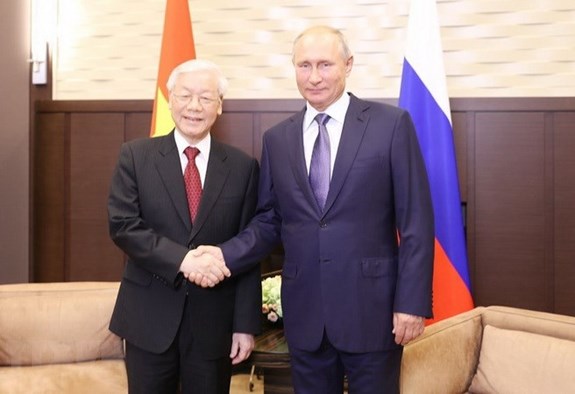 Tổng Bí thư Nguyễn Phú Trọng hội đàm với Tổng thống Liên bang Nga Vladimir Putin. Ảnh: TTXVN.