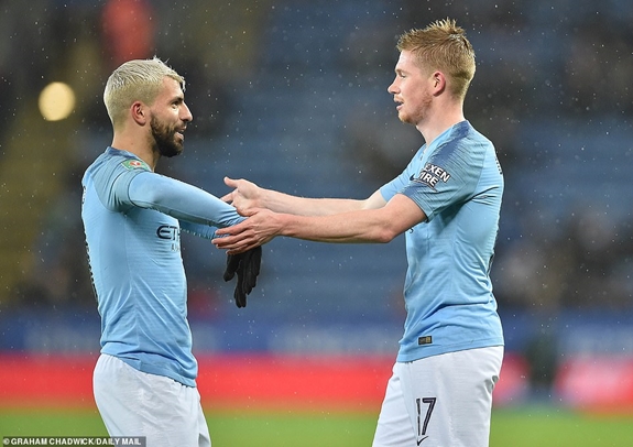 De Bruyne (phải) ăn mừng bàn mở tỷ số cùng Aguero. Ảnh: Dailymail