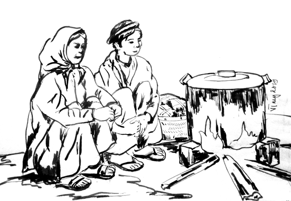Đợi bánh chín bên bếp lửa hồng.