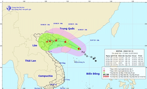 Sơ đồ, vị trí và dự báo hướng di chuyển của bão số 3 ngày 31-7.