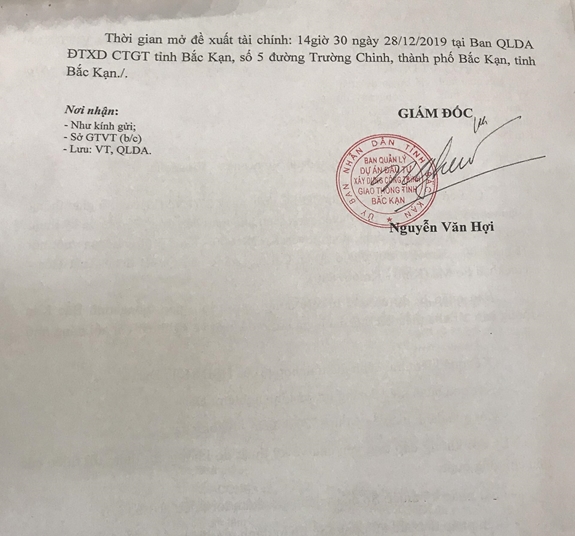 Văn bản của Ban Quản lý dự án đầu tư xây dựng công trình giao thông tỉnh Bắc Kạn gửi Liên danh Vinaconex-Vinadelta.