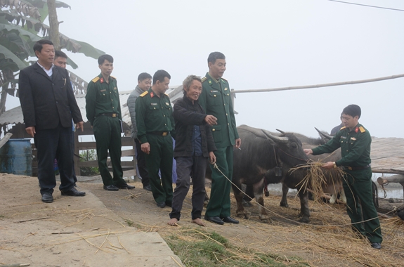 Bộ đội và lãnh đạo xã Lao Chải thăm mô hình chăn nuôi của gia đình ông Vàng Seo Lèng.