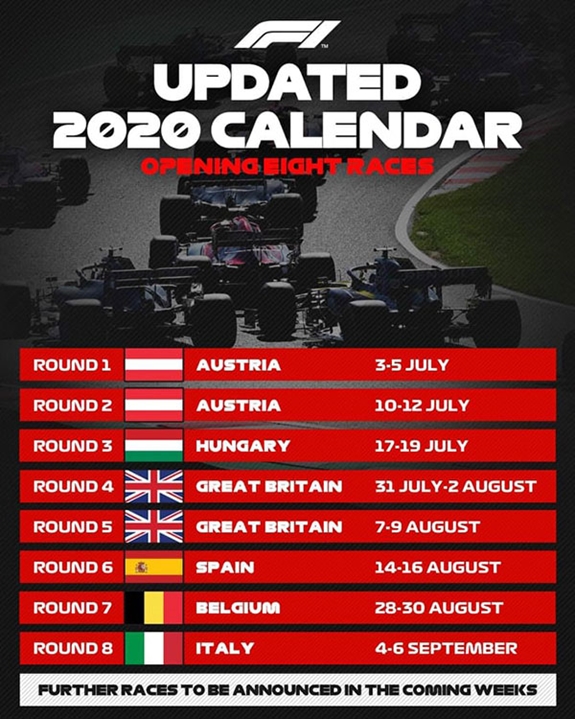 Lịch đua của 8 chặng mở màn mùa giải năm 2020. Ảnh: formula 1
