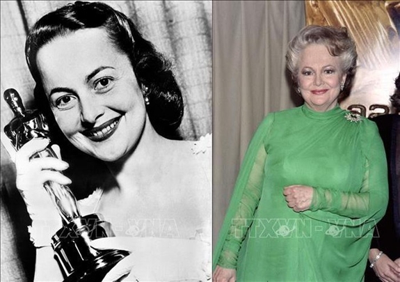 Nữ nghệ sĩ Olivia de Havilland đoạt tượng vàng Oscar dành cho nữ diễn viên xuất sắc nhất với vai diễn trong phim "The Heiress", tại Hollywood, Los Angeles, California (Mỹ) ngày 27-3-1950. Ảnh phải: Nữ nghệ sĩ Olivia de Havilland tại lễ trao giải thưởng điện ảnh Cesar lần thứ 11 ở Paris, Pháp ngày 22-2-1986. Ảnh tư liệu: TTXVN.