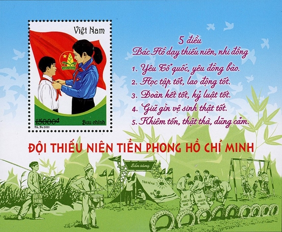 Blốc tem kỷ niệm 80 năm Ngày thành lập Đội Thiếu niên Tiền phong Hồ Chí Minh. Ảnh: Tổng công ty Bưu điện Việt Nam